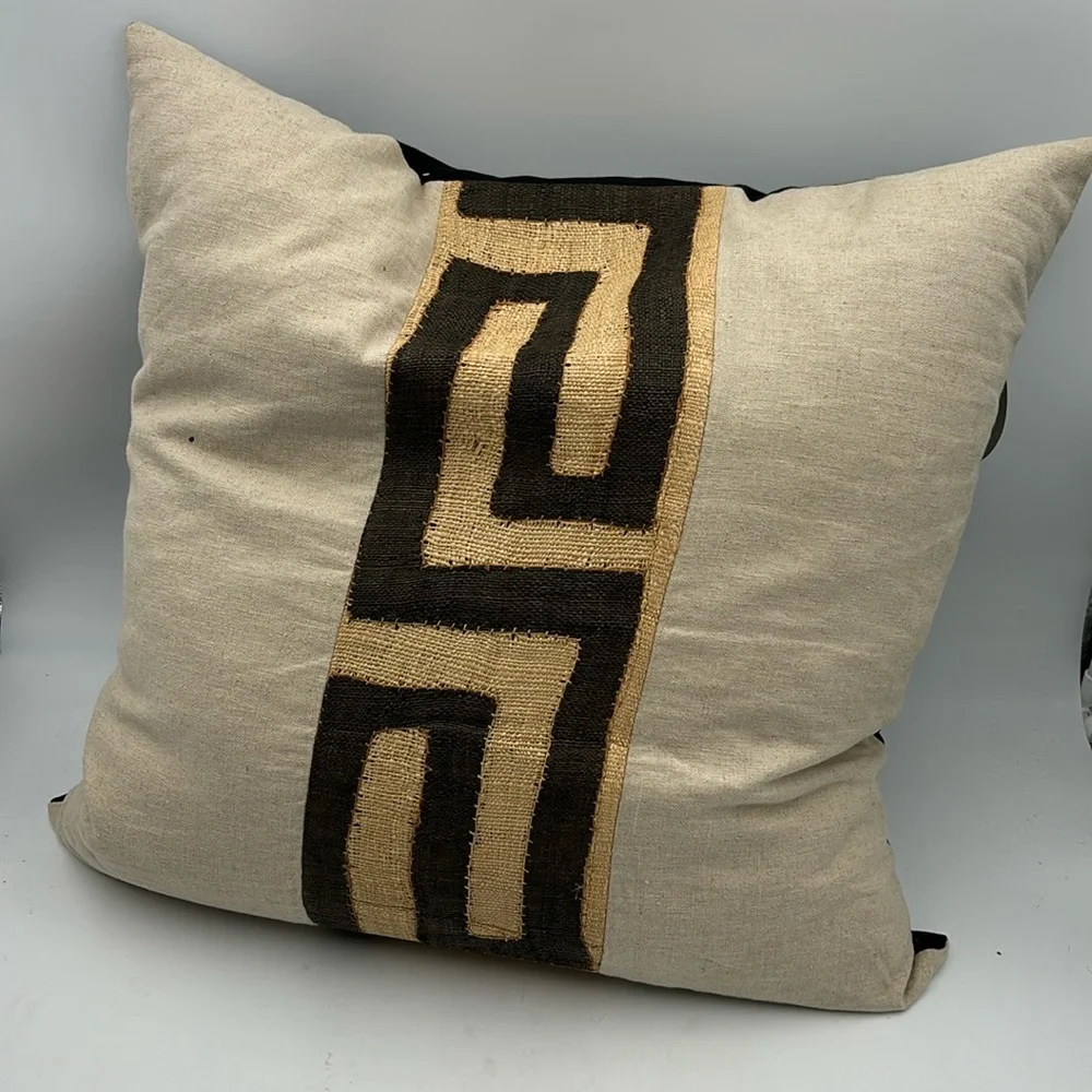 Mjita African Kuba Cloth Raffia Linen Tribal Safari Accent Pillow